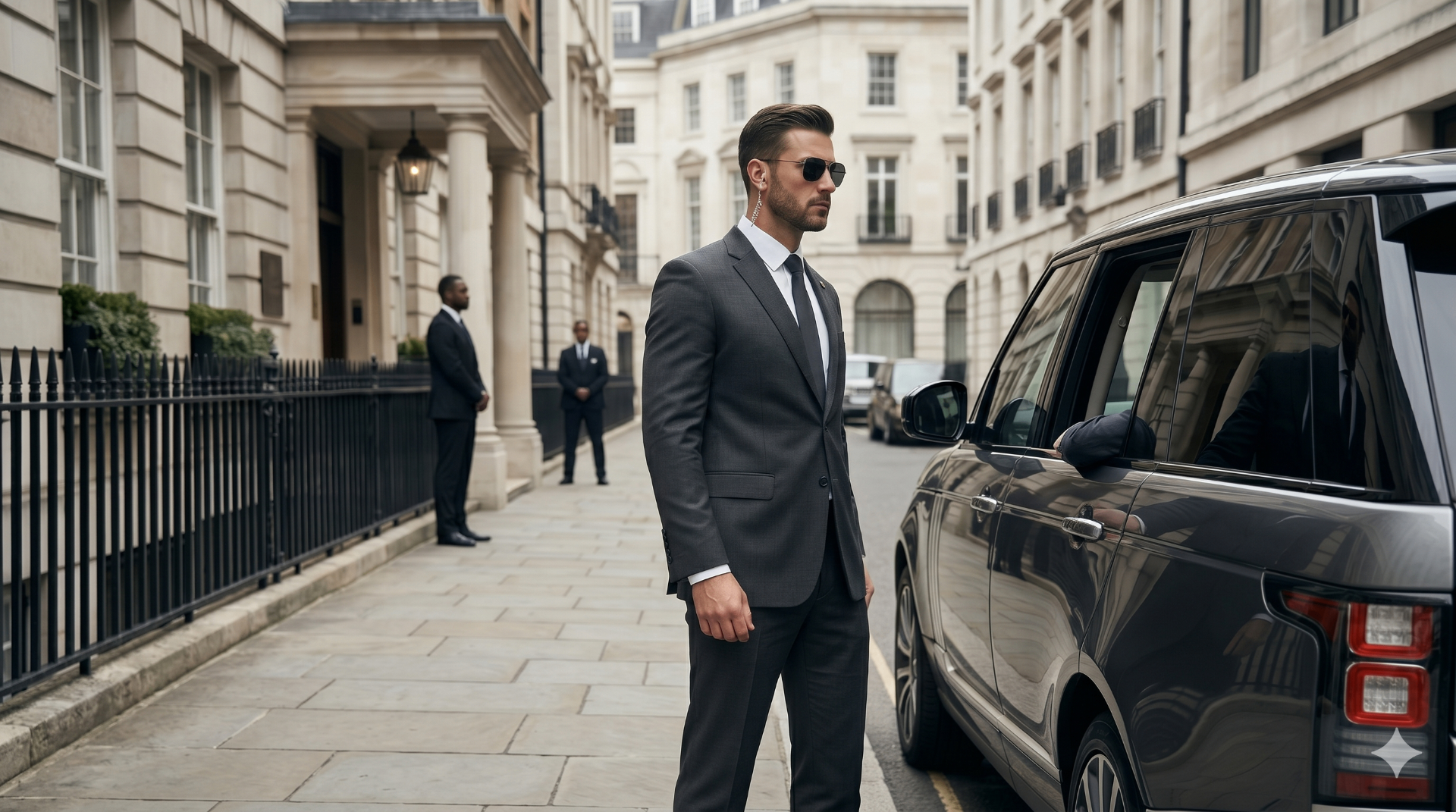Close protection officer beside chauffeured vehicle on a Mayfair street