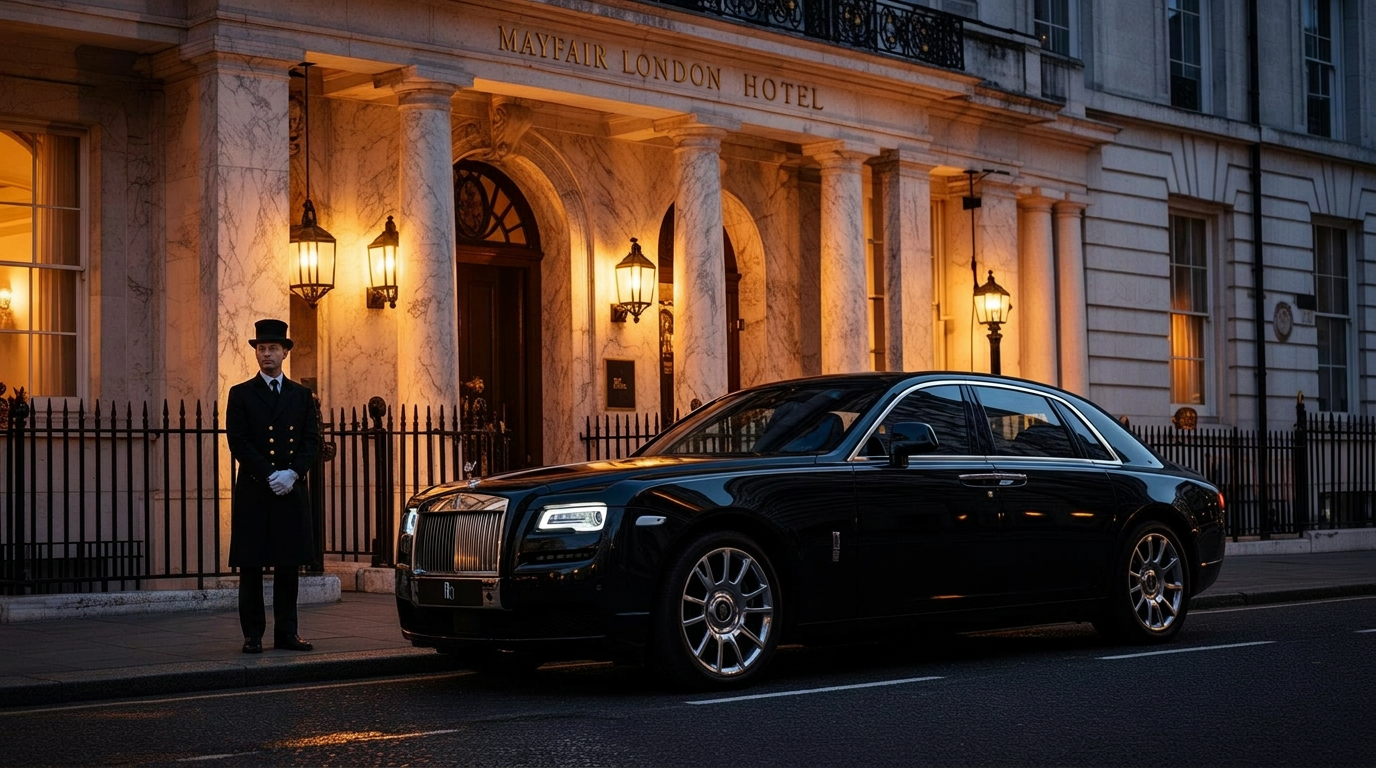 Chauffeur-driven Rolls-Royce outside a Mayfair hotel at dusk